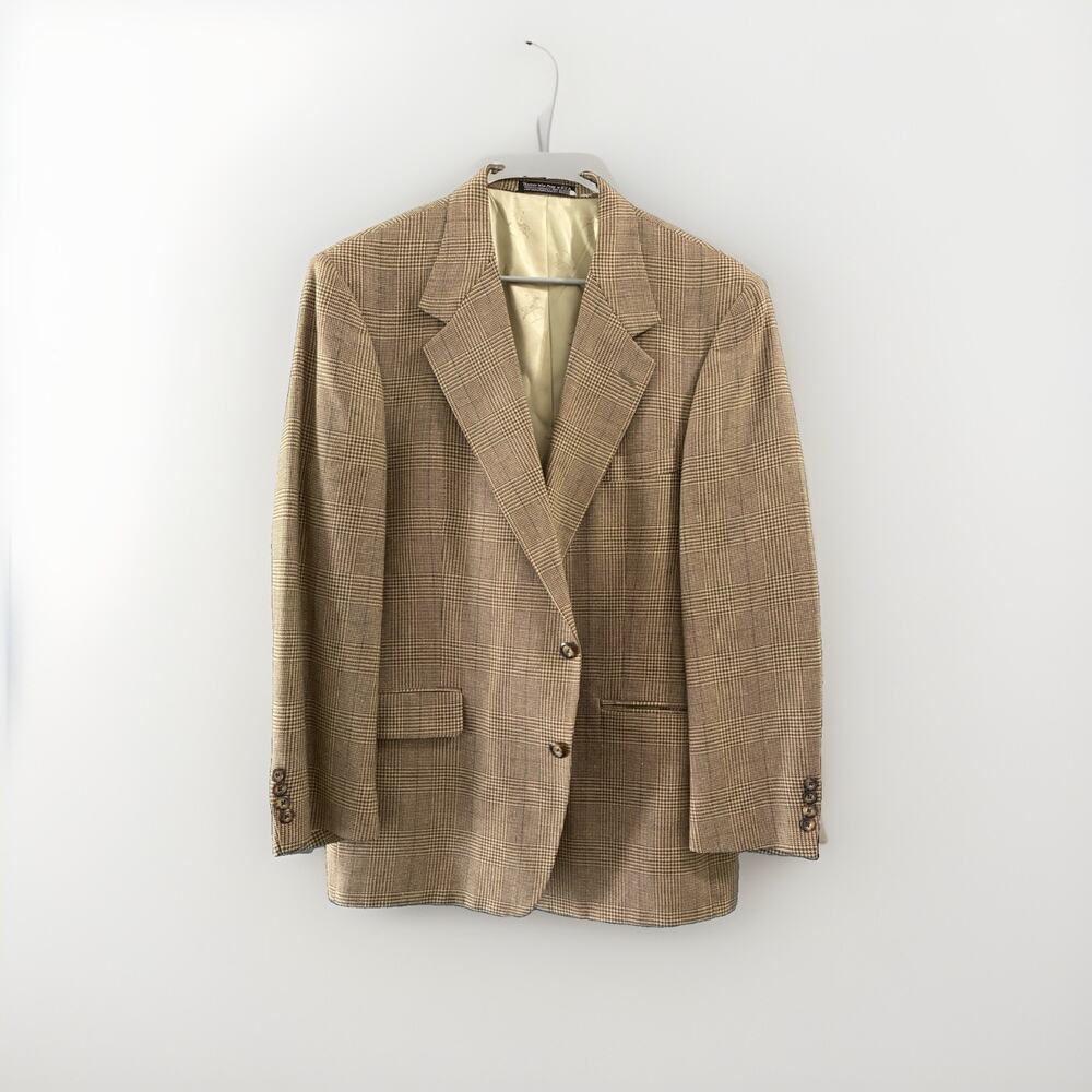 VTG Bespoke Mens 44R Brown Houndstooth Plain Blazer Suit Jacket Made in USA